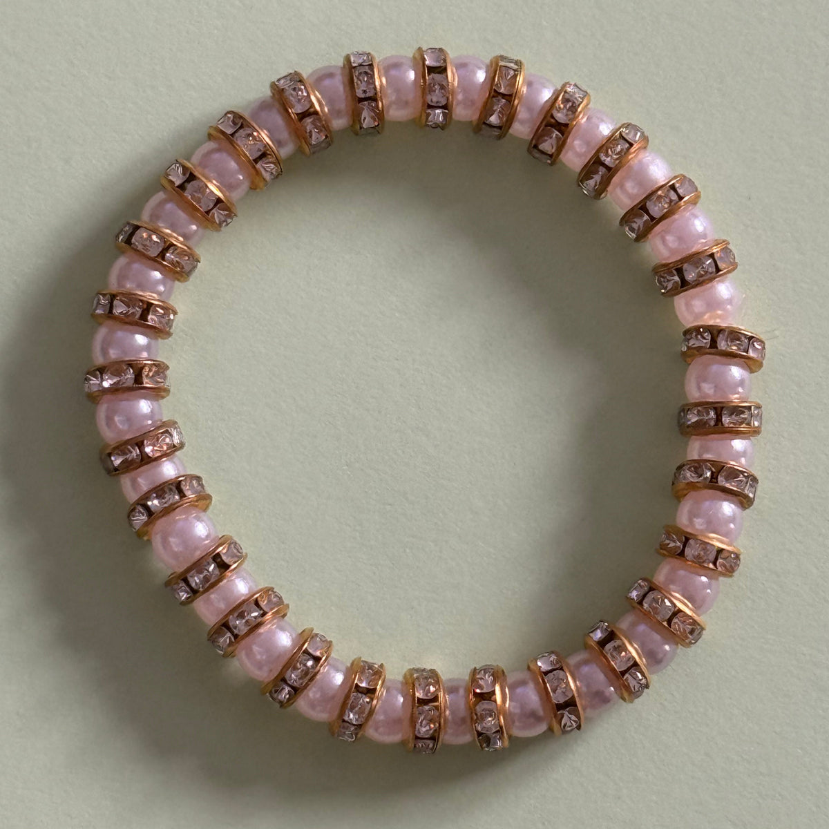 White Pearl Effect Bracelet - Gold and Diamond Look Spacers 15cm